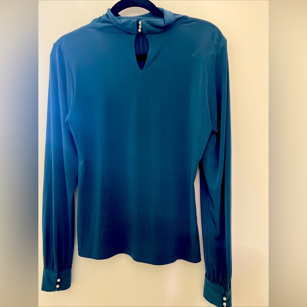 Karl Lagerfeld Turquoise Long Sleeve Top W/ Faux Pearl Button On Sleeve & Collar